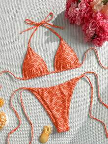 Swim Mod Bộ bikini gợi cảm buộc dây cổ, họa tiết hoa mùa hè dành cho nữ, bộ bikini màu cam in ngẫu nhiên, bikini họa tiết san hô, bikini có họa tiết, bikini móc len. - Màu Cam san hô - Xem 2
