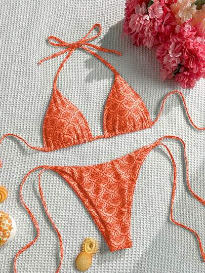 Swim Mod Women's Summer Beach Floral Print Halter Tie Sexy Bikini Swimsuit Set, Random Print Orange Bikini Set Pattern Bikini Coral Bikini Textured Bikini Crochet Bikini Set