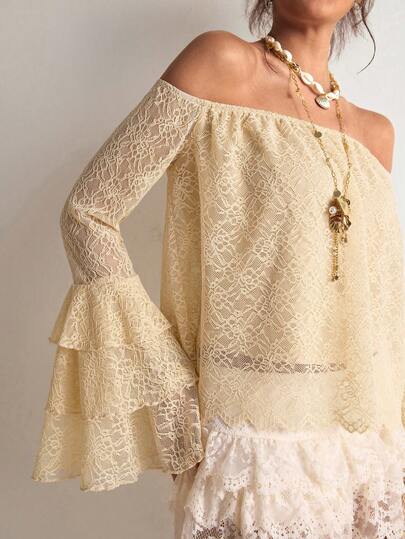 Freevana Bohemian Apricot Lace Open Shoulder Blouse, Sheer Floral Puff Sleeve Layered Ruffle Trim Loose Vacation & Commute Versatile Elegant Blouse For Women