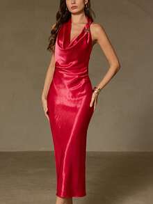 Aveloria Rosie An Elegant Asymmetrical Ruffled Silk Dress With Heavy Metal Buttons And Luxurious Texture, A Long Elegant Women's Dress - Hot Pink - View 3