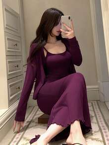 DAZY 纯色针织开衫和修身长裙家居服套装（女士） - 紫色 - 查看 5