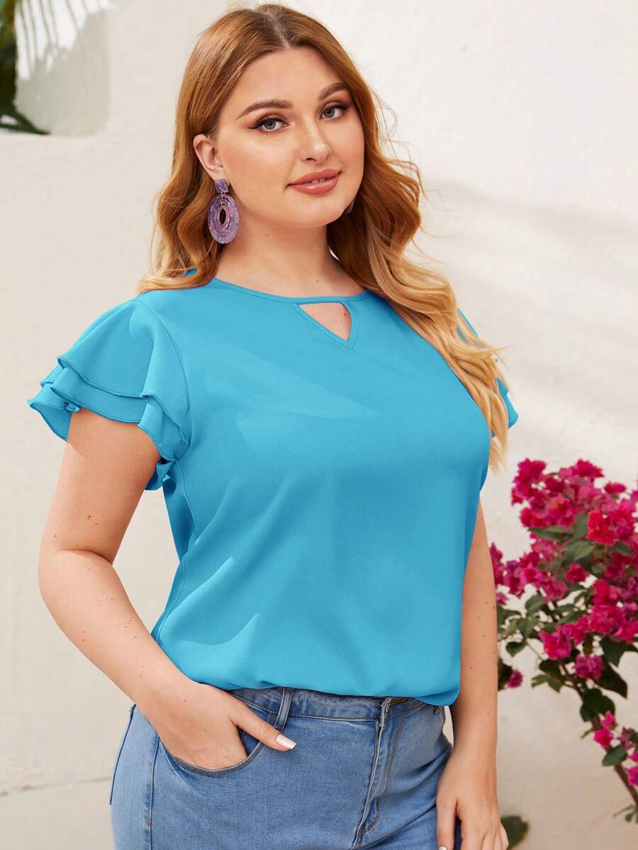 Reflora Blusa elegante de manga corta con cuello de ojo de cerradura, volantes y unicolor para mujer de talla grande - Azul menta - Ver 1