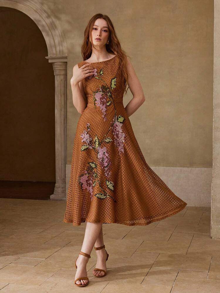 EMBROIDERED LACE WAIST FLARED MIDI DRESS, SPRING/SUMMER