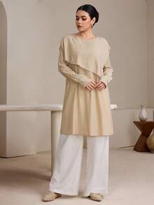 Graceveil 早春不对称圆领宽松浅卡其色休闲上衣