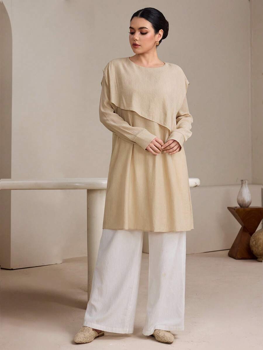 Graceveil 早春不对称圆领宽松浅卡其色休闲上衣