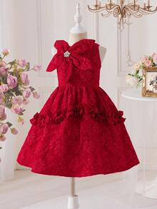 SHEIN Elegant Red Satin Traditional Wedding Dress For Girls,Sleeveless 3D Floral Jacquard Party Frock With Rhinestone Bow And Tiered Ruffle Hem For Toddler - Blue and White - View 6