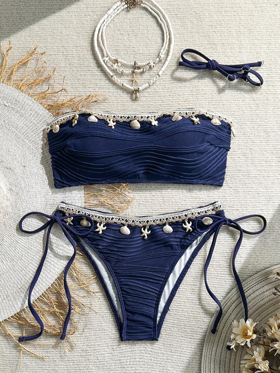 Swim Vcay Summer Women 2pcs Textured Solid Color Shell Strap Decor Halter Tie Bikini Set Set, Handmade Shell Quantity Random - Navy Blue - View 1