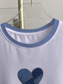 Resyla Plus Size Contrast Color Trim Short Sleeve T-Shirt, Heart Pattern Patchwork For Women, Summer - White - View 3