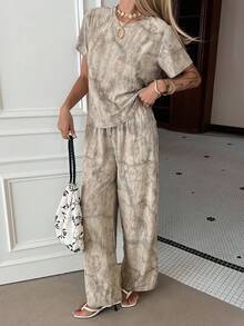 DAZY Women's Casual Floral Sequin T-Shirt And Wide Leg Pants 2 Pieces Set, Summer Lounge Sets For Women Short Sets For Women - Apricot - View 4
