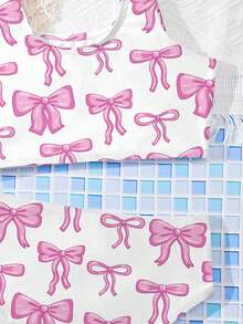 SHEIN Cute Ballet Style Pink Bow Print Pattern, Ins Vibe, Sisterly Matching Set, Young Girls Casual Minimalist Camisole & Triangle Bikini Swimsuit Set, Suitable For Summer, Playdate, Weekend Casual, Family Outing, Photoshoot Outfits, Tropical Print, Beach Vacation Photo Shoot Matching, Mommy And Me, First Beach Trip - Multicolor - View 6