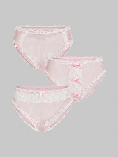 ROMWE Kawaii 3pcs Sweet Lace Trim Bow Decor Mesh Panties