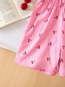 Young Girl' Cute Pink Cherry Print Collared Short Sleeve Romper, Casual & Versatile, Spring/Summer New Arrival - Pink - View 3