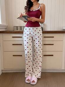 SHEIN 2 pezzi Set pigiama da donna con canotta con volant a contrasto di colore e pantaloni con stampa a pois a forma di cuore - Caffè Marrone - Visualizzare 6