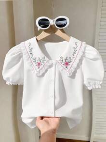 SHEIN ChillGRL Áo sơ mi nữ tuổi teen in hoa, cổ bèo nhún, cài cúc, tay phồng. - trắng - Xem 3