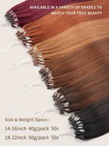 微环接发，100%真人发，颜色可选1#、NC#、1B#、2#、4#、6#、99J#、33#，长度14-22英寸，直发，50束/包，隐形珠加厚微环接发，带鱼线，无需胶水，易于造型，适合细软发质，沙龙级效果，所有女性适用。 - 彩色 - 查看 2