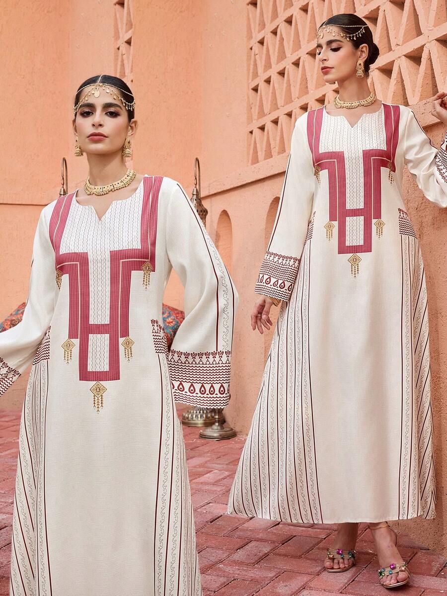SHEIN Najma Đầm dài tay cổ tròn dáng xòe in họa tiết thanh lịch dành cho nữ