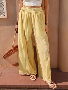 Selianne Women's Elastic Waist Casual Versatile Wide Leg Pants For Daily Wear - Light Yellow - View 2