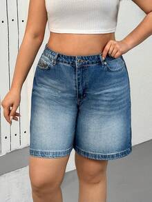 SHEIN Cottnline شورت جينز ذو خصر عالي مزخرف بتفاصيل نمر - أزرق متوسط - مشاهدة 5