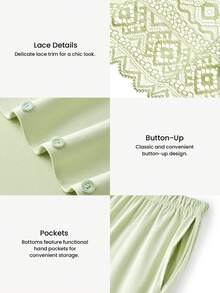 LUVLETTE Soft 100% Pure Cotton Lace Trim Button-Up Top & Pants Loungewear Pajama Set Pyjama - Mint Green - View 7