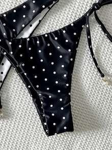 Swim Mod 3pcs/Set Women's Random Black & White Polka Dot Print Halter High Cut Bikini Set, Spring/Summer - Multicolor - View 5