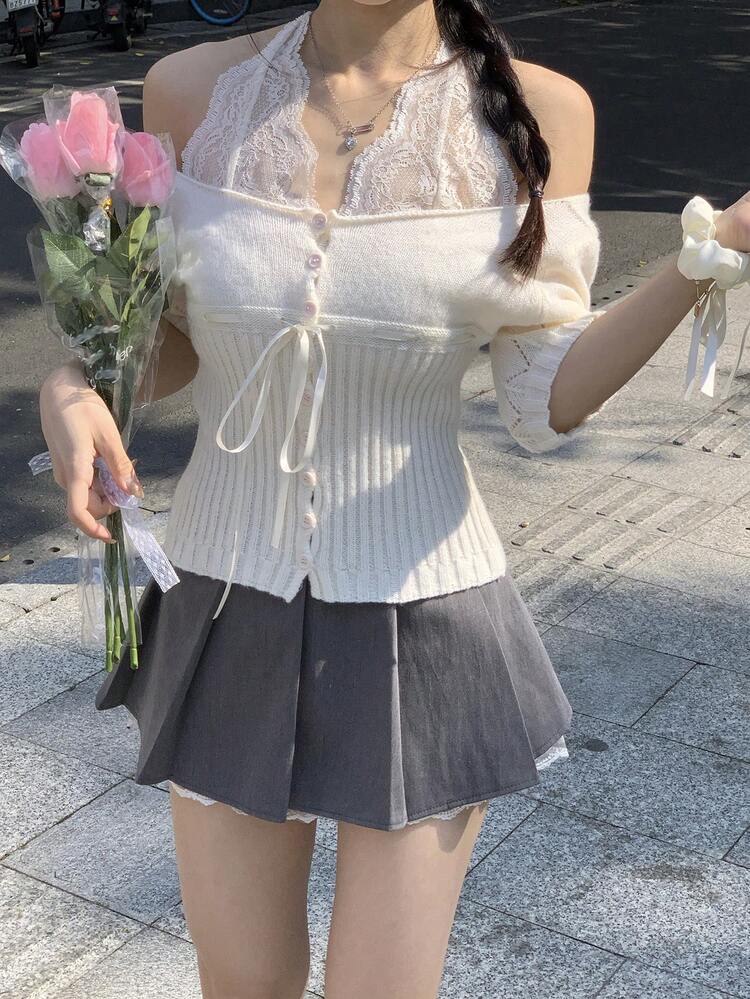 Women's Lace Trim Patchwork Knit Top, Feminine Korean Style