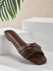 SHUZIA 女士优雅交叉绑带平底凉鞋 - 巧克力棕 - 查看 7