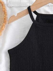 SHEIN Black Semi Sheer Knitted Cami Daisy Tassel Dress For Young Girls Halter Neck Casual Knee Length - Black - View 5