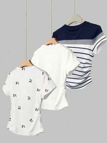 青少年女孩 T-shirt 3件組，白色，夏季，可愛，畢業，返校，櫻花、植物、花卉與藍白條紋印花修身短袖上衣 - 彩色 - 查看 2