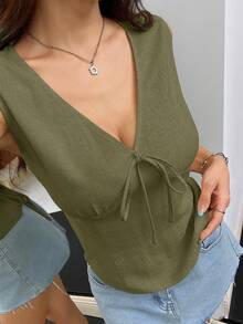 SHEIN EZwear 女士纯色V领系带亚麻背心，适合度假穿着 - 軍綠色 - 查看 8