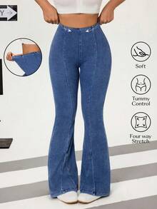Flexra 女士纯色修身中腰休闲喇叭牛仔裤 - 藍色 - 查看 8