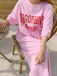 DAZY 女士夏季休闲长款T恤连衣裙，字母印花，圆领落肩设计 - 粉色 - 查看 10