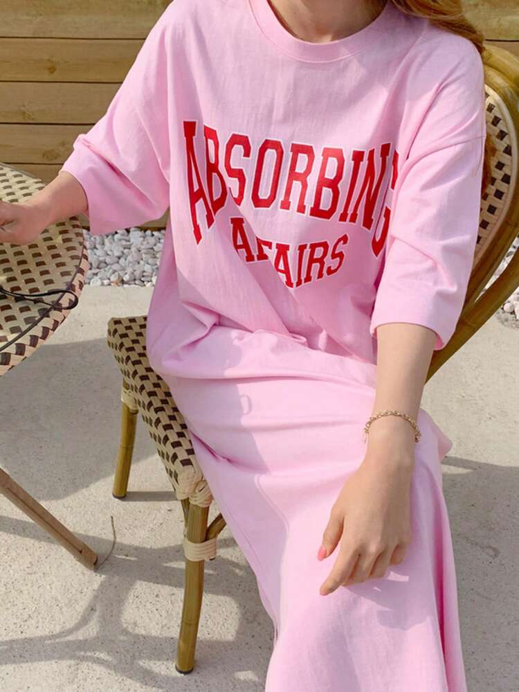 Women's Summer Casual Long T-Shirt Dress With Letter Print, Round Neck And Drop Shoulder Sundress