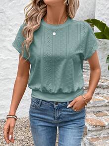SHEIN LUNE Spring White Jacquard Fabric Romantic Date Vacation Women Short T-Shirt Solid Color Tops Summer Casual Tops Sage Green Top Short Sleeve Tops Knit Tops - Green - View 5