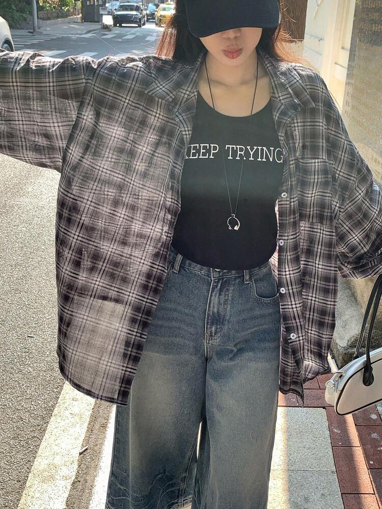 Vintage Casual Loose Plaid Long Sleeve Shirt, Versatile And Youthful Look For Women