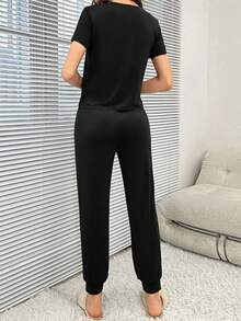 Letter Graphic Tee & Drawstring Waist Pants PJ Set / Pajama Set - Black - View 2