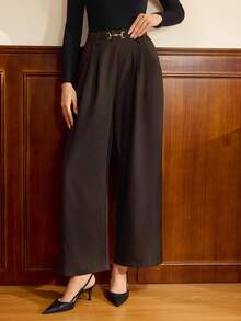 Vintamour 复古经典优雅女士长裤，秋冬款，金属扣腰带，带口袋，咖啡棕色阔腿裤，高腰阔腿裤，春季女装，春季女裤 - 咖啡棕 - 查看 4