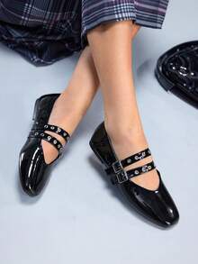 CUCCOO GRLICON Women's Rivet Decor Buckle Flat Loafers Valentine's Day - Black - View 6