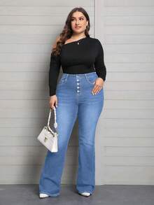 EMERY ROSE Plus Size Women Elastic Waist Jeans, Multiple Button Design Skinny Flare Pants - Light Wash - View 5