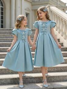 SHEIN Dusty Pink Girls Everyday Casual Dress Round Neck Puff Short Sleeve Zipper Midi A Line For Church And Special Occasions Dusty Blue Dress Girls Blue Dresses For Girls Bow Deco Mint Dress - Dusty Pink - View 1