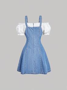 SHEIN MOD 女士牛仔迷你连衣裙，休闲修身拼接款 - 中等水洗藍 - 查看 2