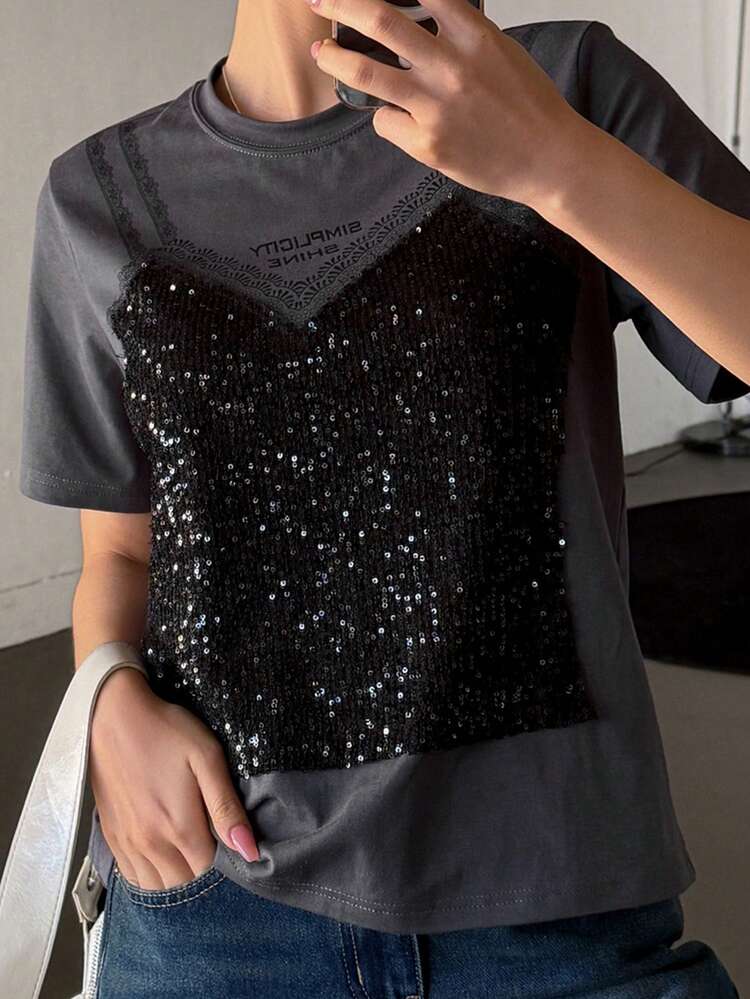 Women's Sequin Splice Loose Round Neck Short Sleeve T-Shirt New Years Carnival