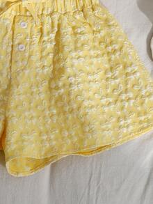 Tween Girl Casual Yellow Jacquard Bow Tie Strap Tank Top And Shorts 2 Piece Set, Yellow Textured Two Piece, Girl Two Piece Outfit, Yellow Two Piece Set Summer, Kids Yellow Shorts Set, Yellow Two Piece Short Set - Yellow - View 6