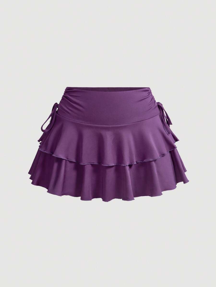 SHEIN Tall 女士休闲纯色抽绳荷叶边下摆A字裙，夏季 - 紫色 - 查看 1
