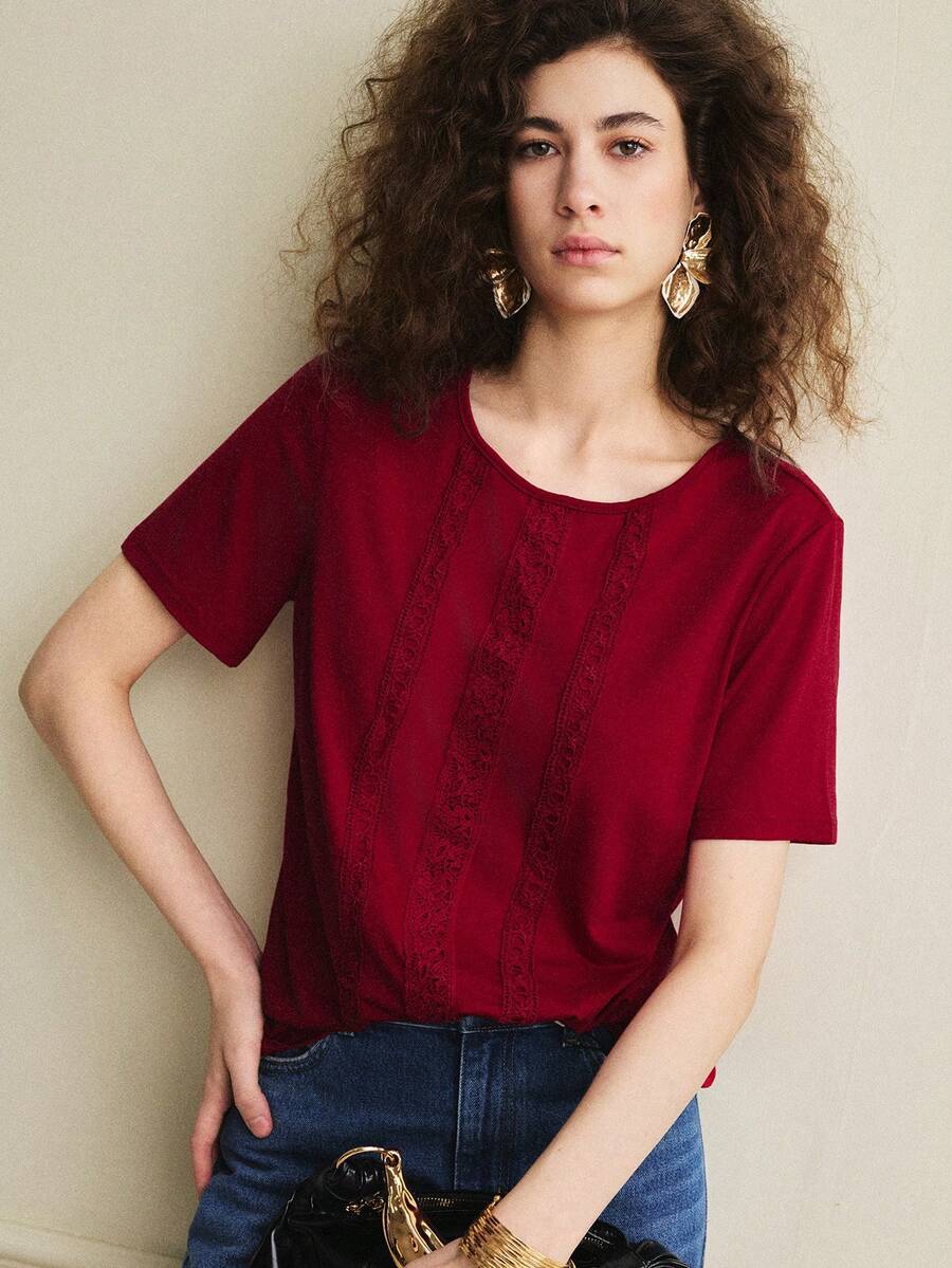 Écloséra Áo kiểu Pháp cổ điển mặc hàng ngày, Áo nữ thường ngày, Áo thun đỏ nữ, Áo thun ren nữ, Áo thường ngày màu đỏ tía, Áo đi chơi, Áo tay ngắn, Áo thun cổ tròn, Áo đi nghỉ mát cho nữ, Áo thanh lịch cho nữ, Áo thun mùa hè màu đỏ tía cho nữ - Màu Đỏ Sâu - Xem 1