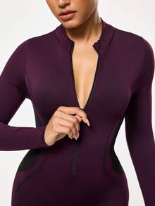 Seamluxe SHEIN Sport 女士拉链前开长袖连体裤，适合日常健身和锻炼 - 黑色 - 查看 6