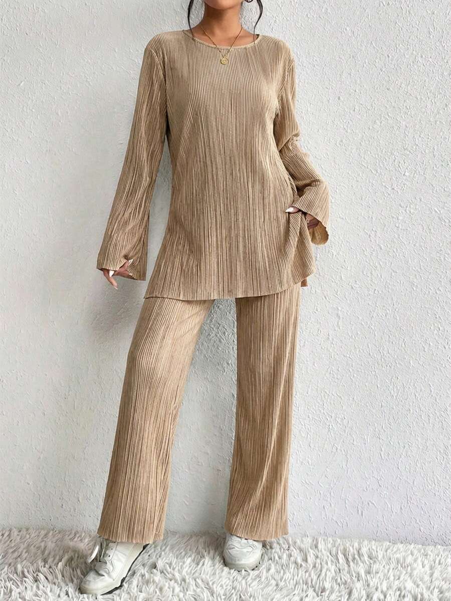 EURMUSE Women's Solid Color Textured Loose Casual Two Piece Set - Beige - View 1