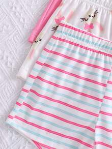 SHEIN Vintaside Kids 6件套女婴新生儿幼儿0-3岁春夏新款可爱兔子纯色条纹T恤短裤套装 - 玫紅色 - 查看 9