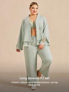 LUVLETTE Bộ đồ ngủ cỡ lớn dành cho nữ, chất liệu 100% cotton nguyên chất, mềm mại, sang trọng, gồm áo cài cúc và quần, viền ren. - màu xanh lá - Xem 12
