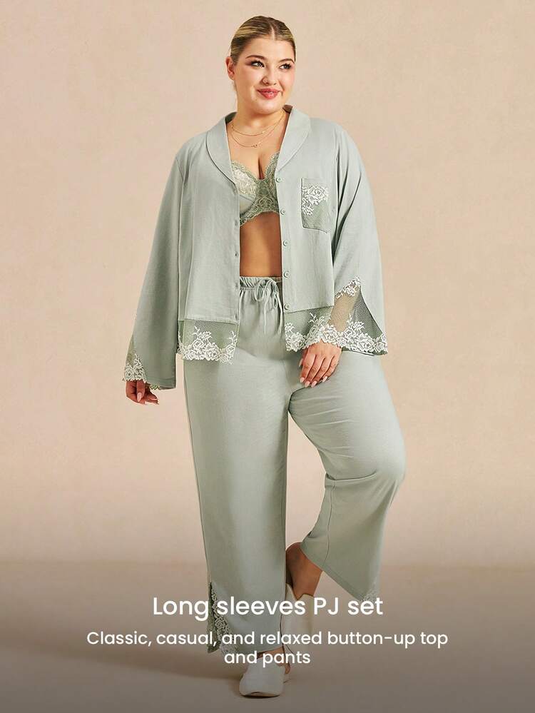 Plus Size Womem Lace Trim Button-Up Top & Pants Pajama Set