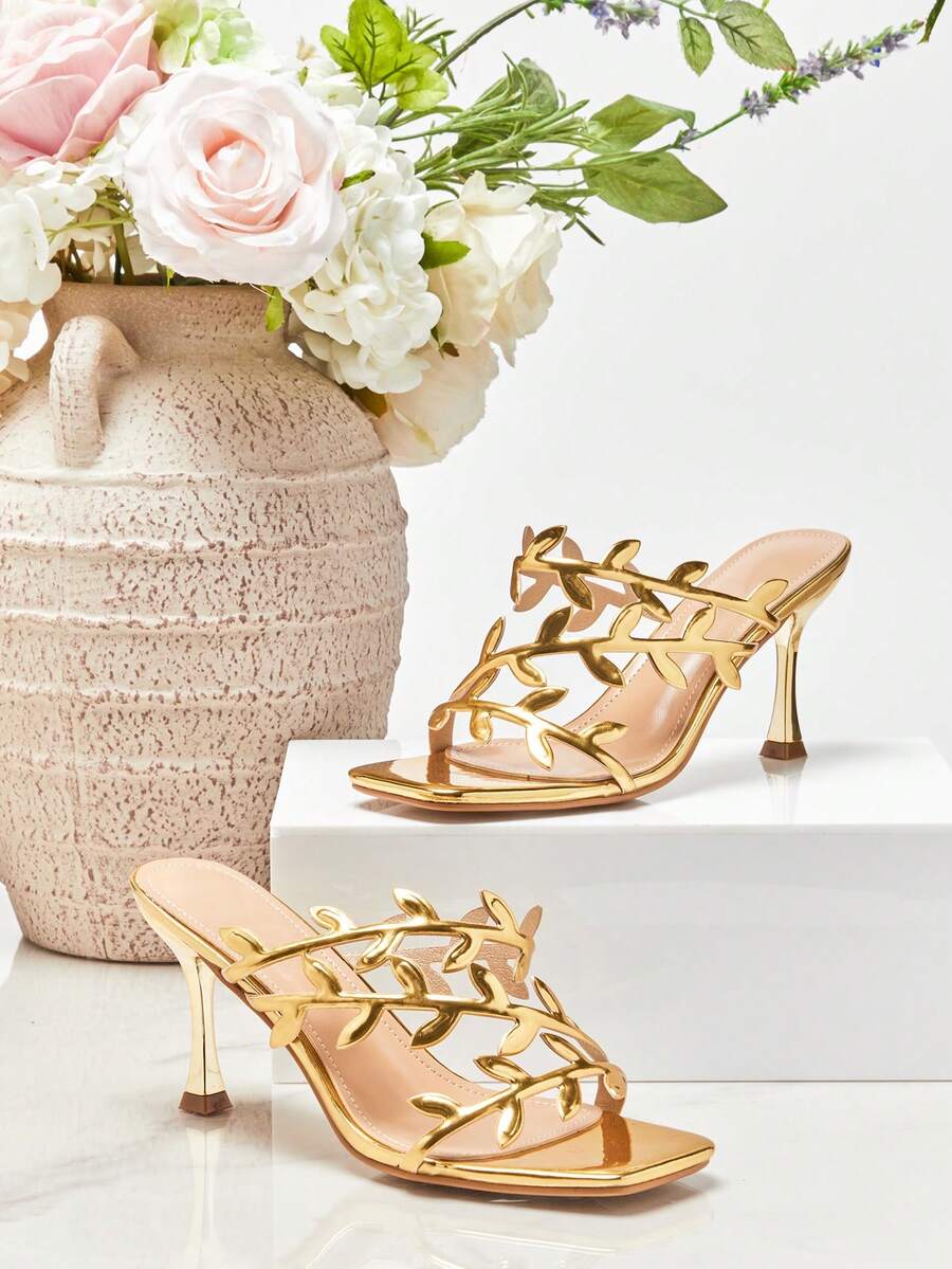 SHUZIA Women's Elegant Floral Cut-Out Stiletto Heel Slip-On Sandals - Gold - View 1